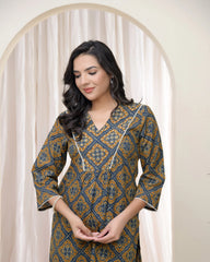 Blue ajrakh Cotton printed gathered Kurti with pant-246VAASBLUE