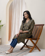 Blue ajrakh Cotton printed gathered Kurti with pant-246VAASBLUE