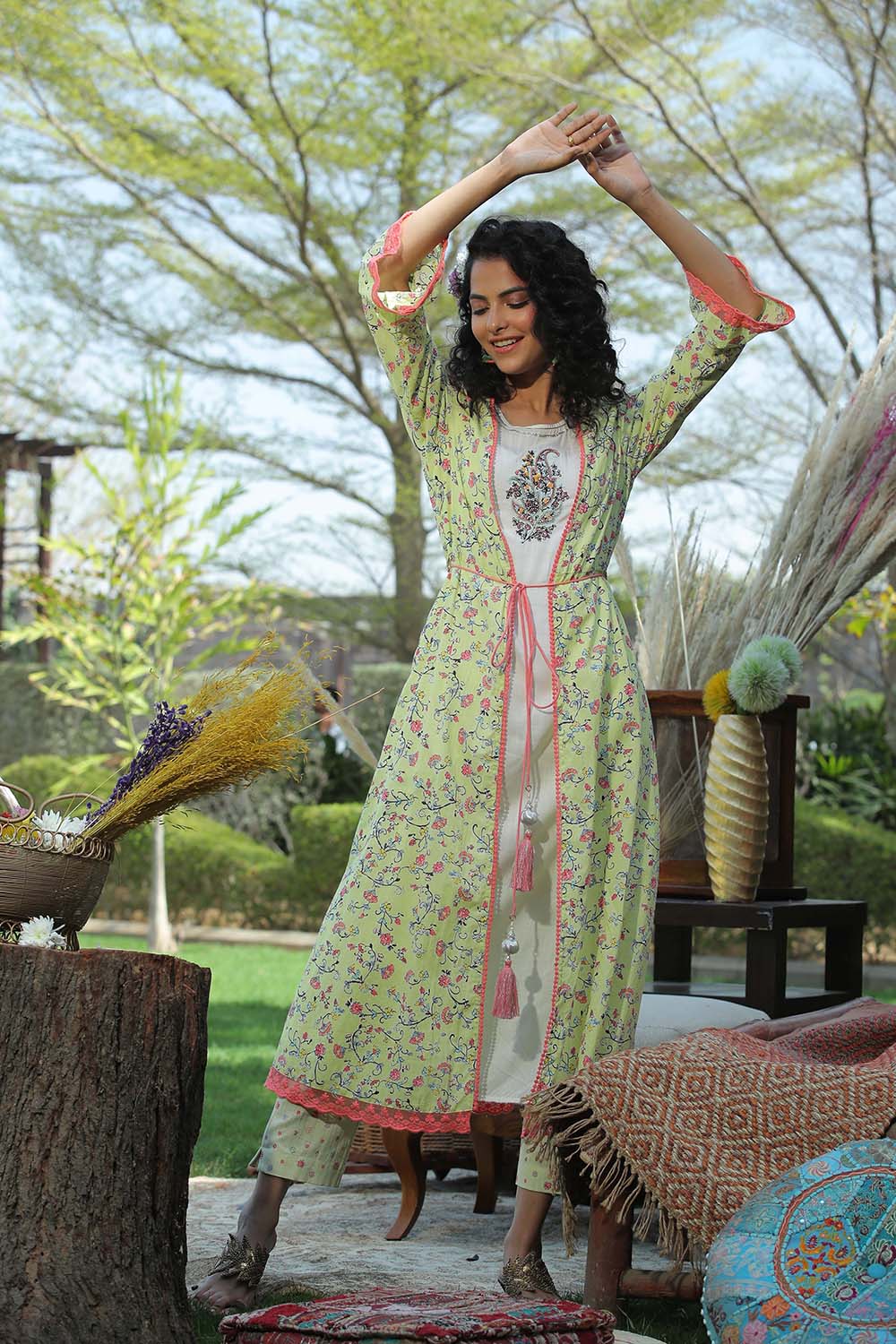 Lime Green Floral Printed Cotton Lacy Jacket Style Kurta With Thread W