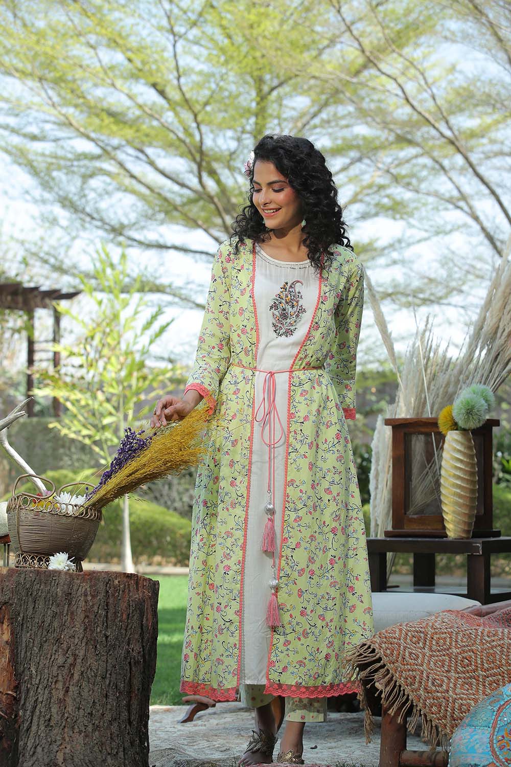 Lime Green Floral Printed Cotton Lacy Jacket Style Kurta With Thread W