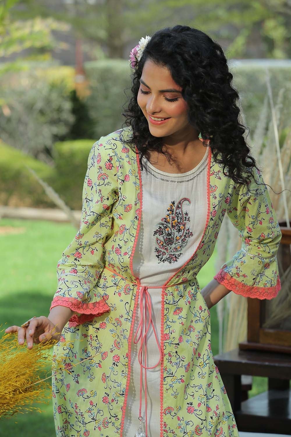 Lime Green Floral Printed Cotton Lacy Jacket Style Kurta With Thread W