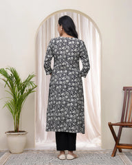 Black Floral Cotton printed gathered Kurti with pant-247VAASBLACK