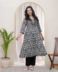 Black Floral Cotton printed gathered Kurti with pant-247VAASBLACK