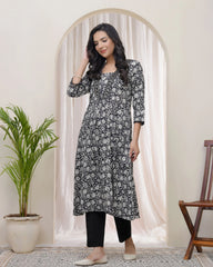 Black Floral Cotton printed gathered Kurti with pant-247VAASBLACK
