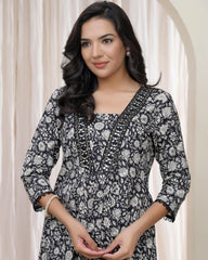 Black Floral Cotton printed gathered Kurti with pant-247VAASBLACK
