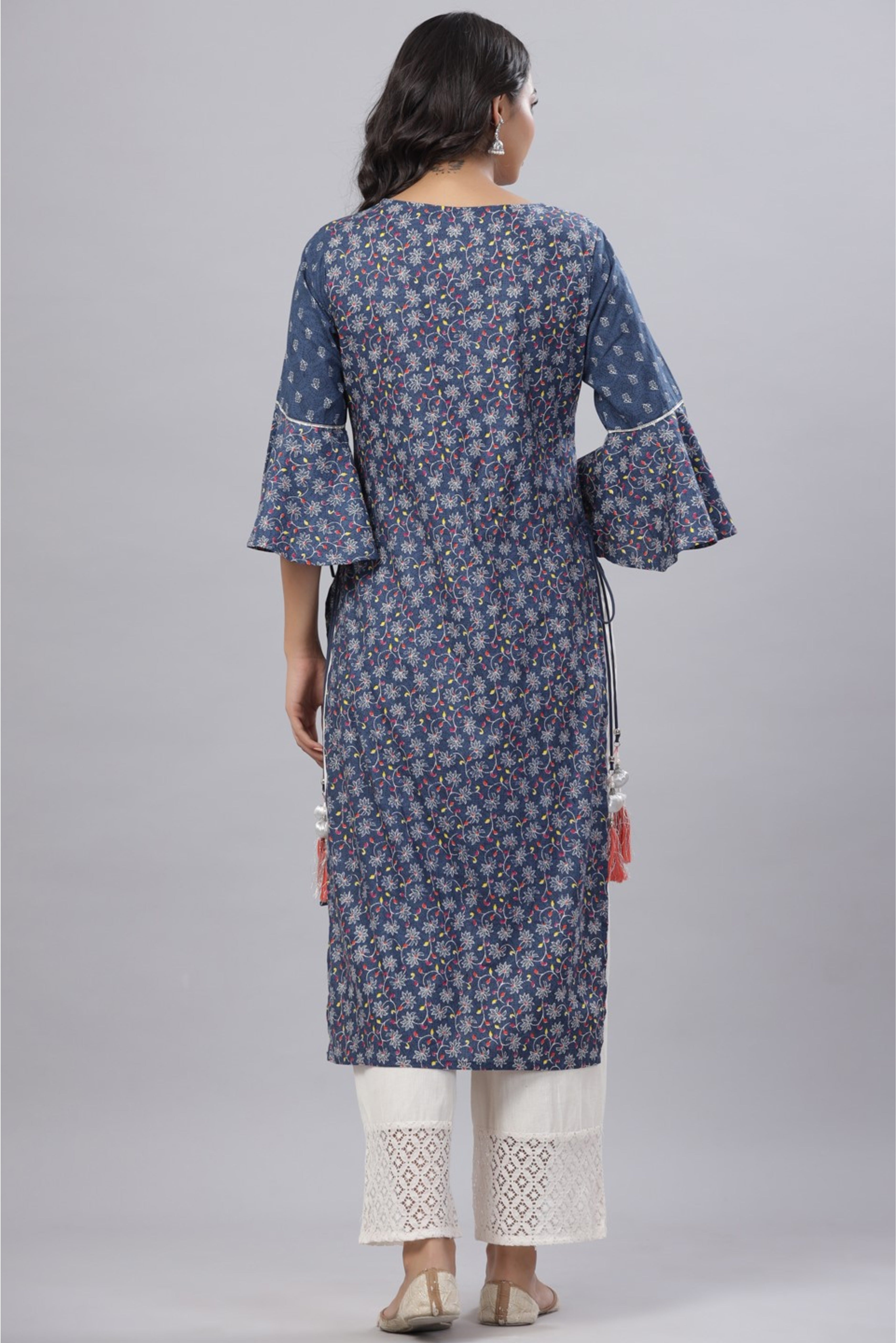 Buy Aqua Rayon Slub Embroidered A-Line Kurta Online in India