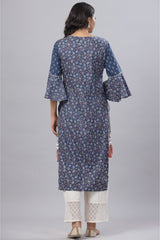 Juniper Women's Indigo Cambric Floral Print Straight High-Low Kurta With Mask