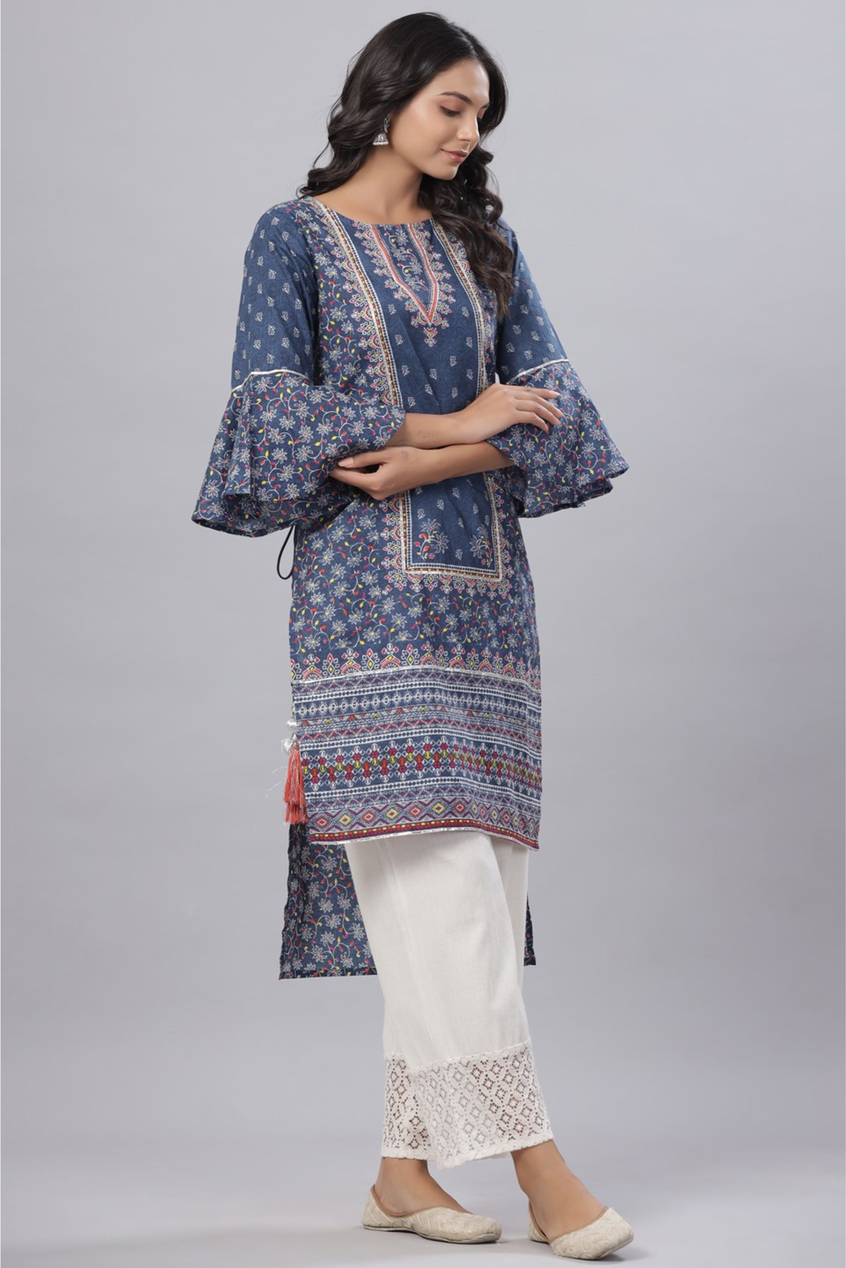 Buy Aqua Rayon Slub Embroidered A-Line Kurta Online in India