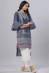 Juniper Women's Indigo Cambric Floral Print Straight High-Low Kurta With Mask