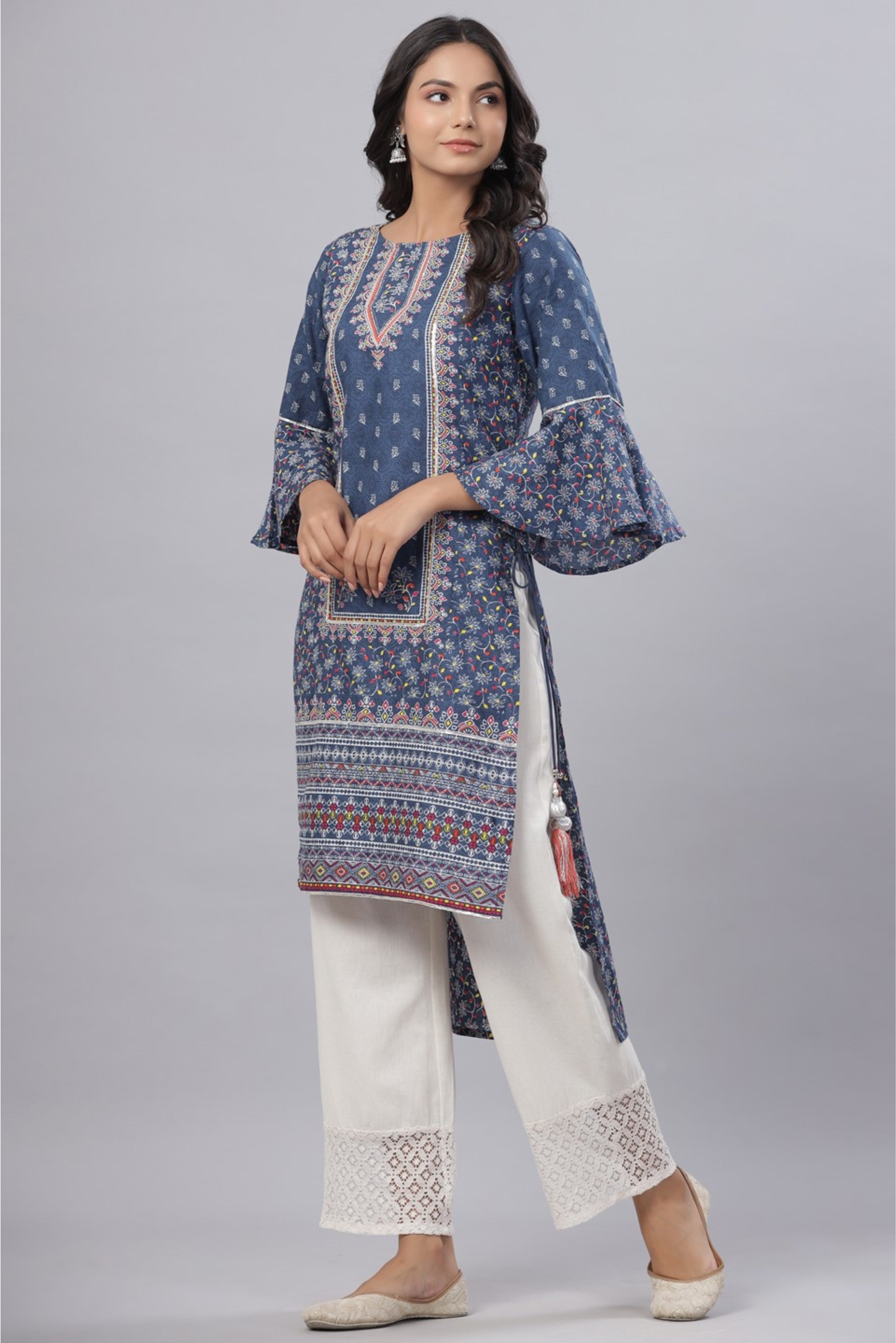 Buy Aqua Rayon Slub Embroidered A-Line Kurta Online in India