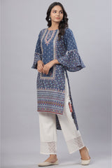 Juniper Women's Indigo Cambric Floral Print Straight High-Low Kurta With Mask