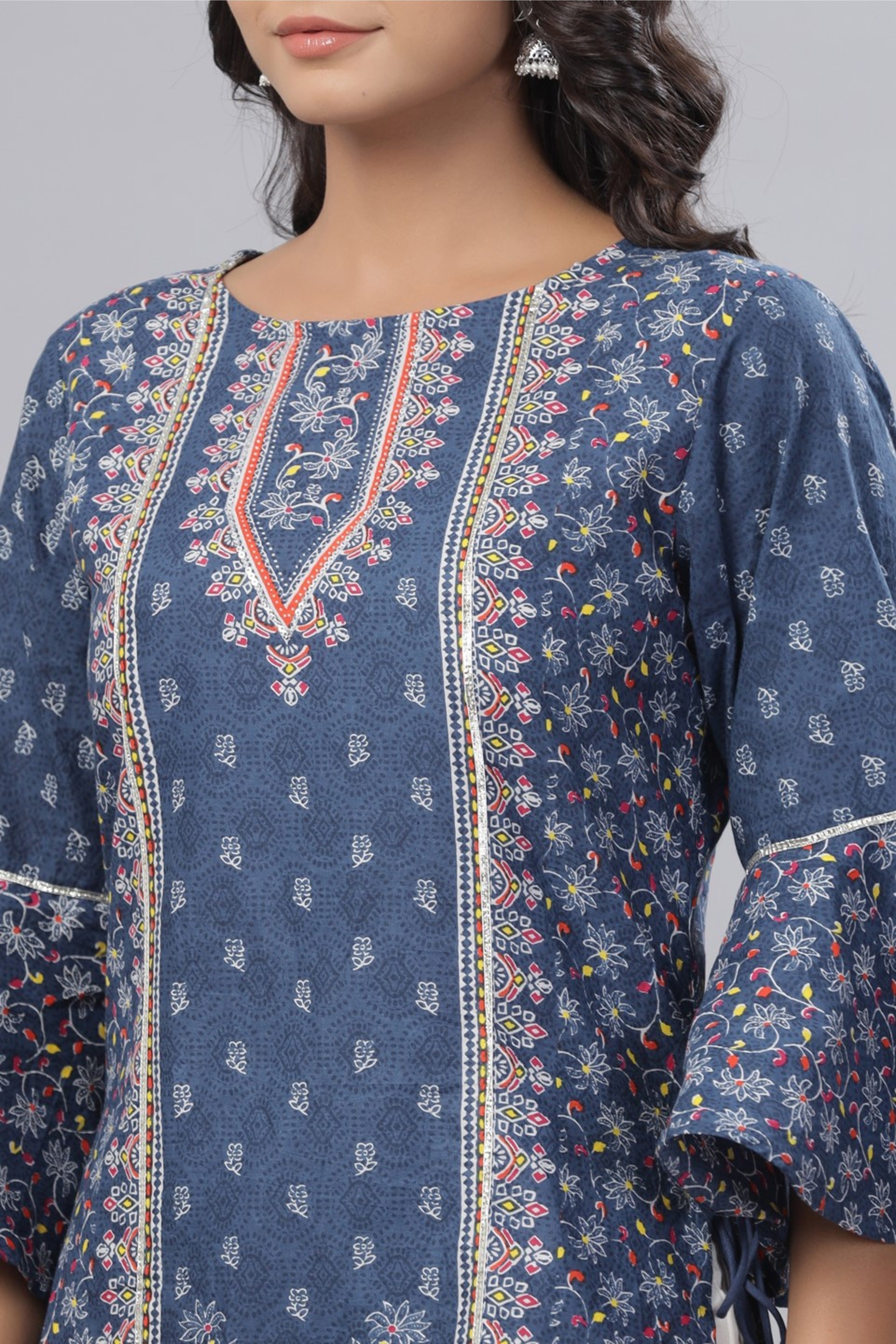 Buy Aqua Rayon Slub Embroidered A-Line Kurta Online in India