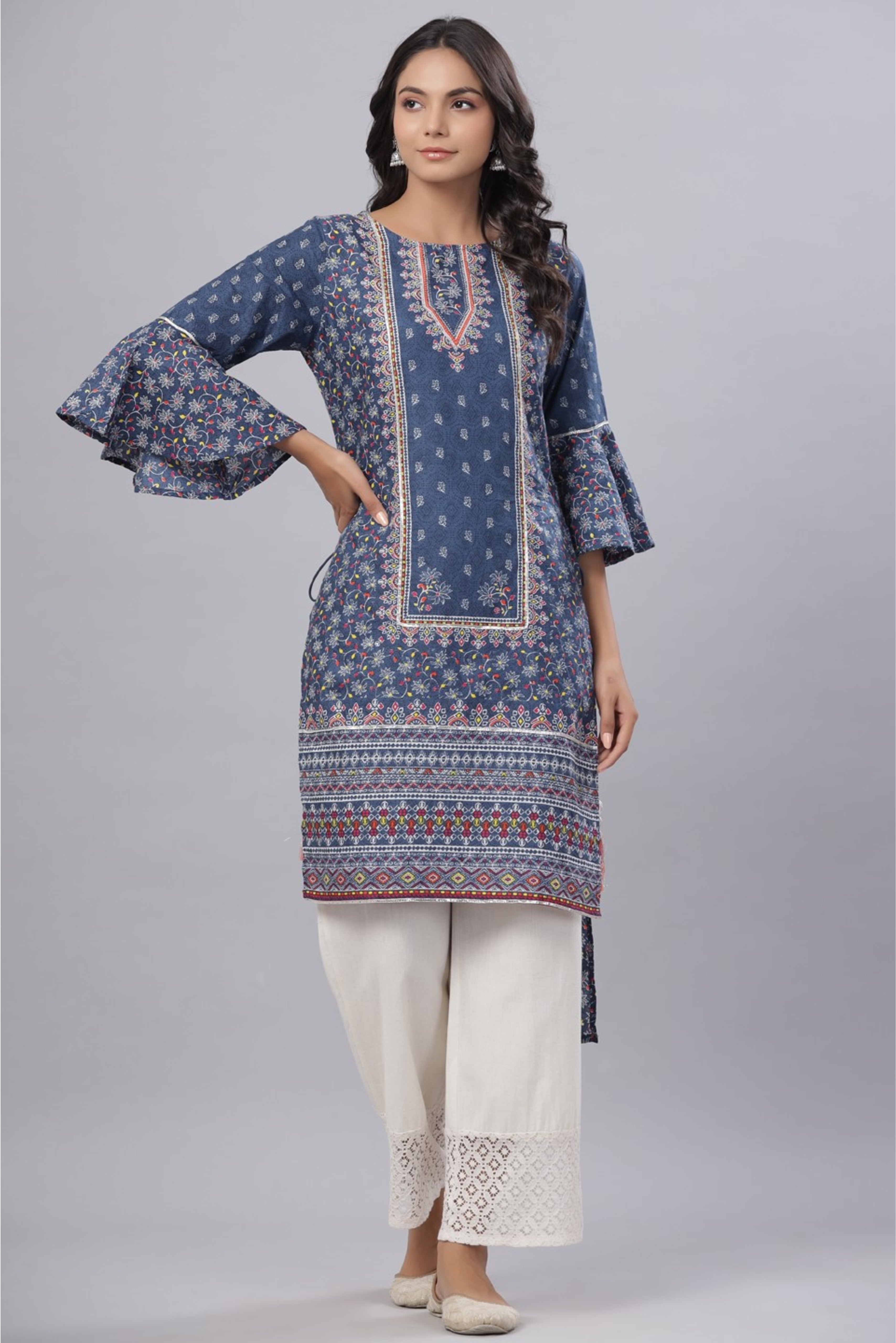 Buy Aqua Rayon Slub Embroidered A-Line Kurta Online in India