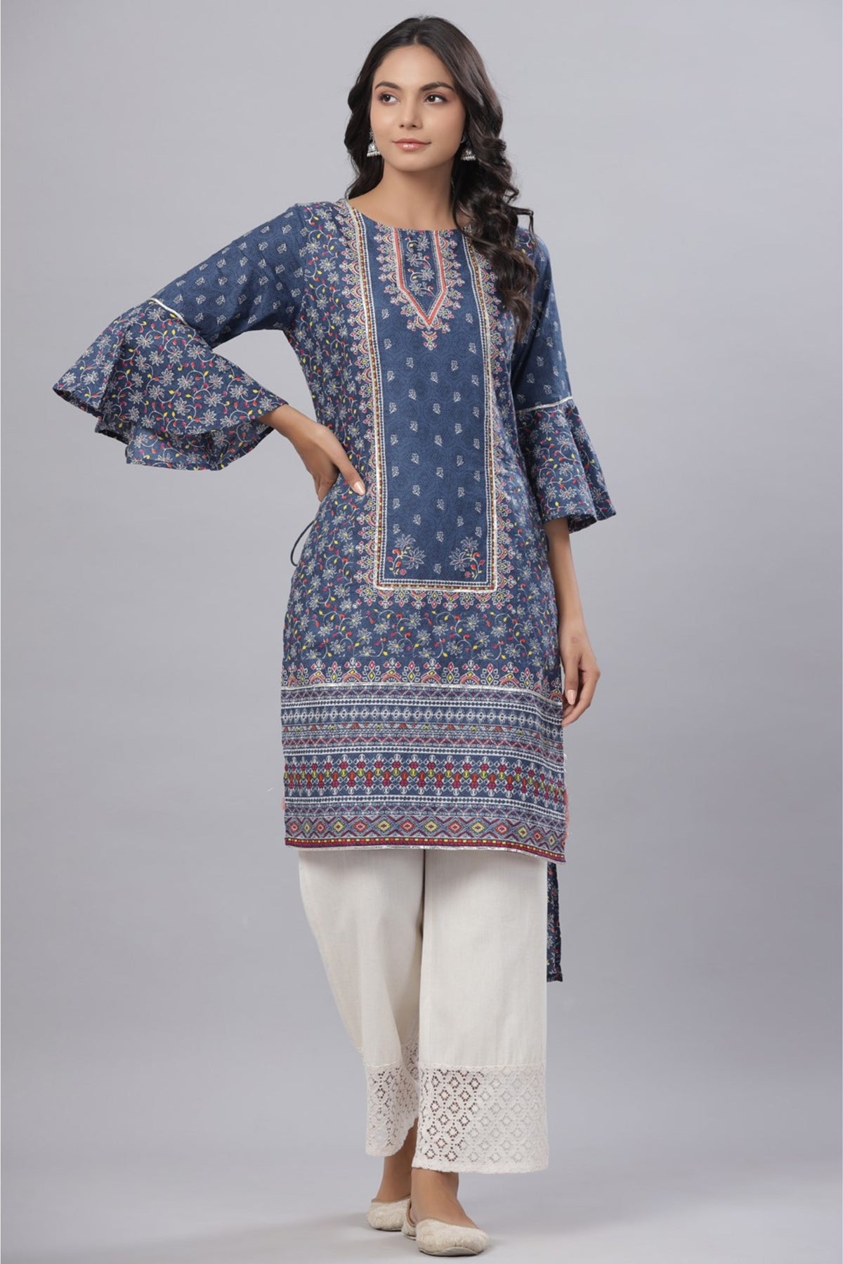 Juniper Women's Indigo Cambric Floral Print Straight High-Low Kurta With Mask