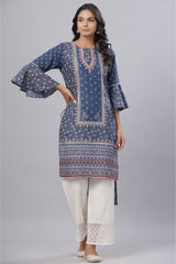 Juniper Women's Indigo Cambric Floral Print Straight High-Low Kurta With Mask