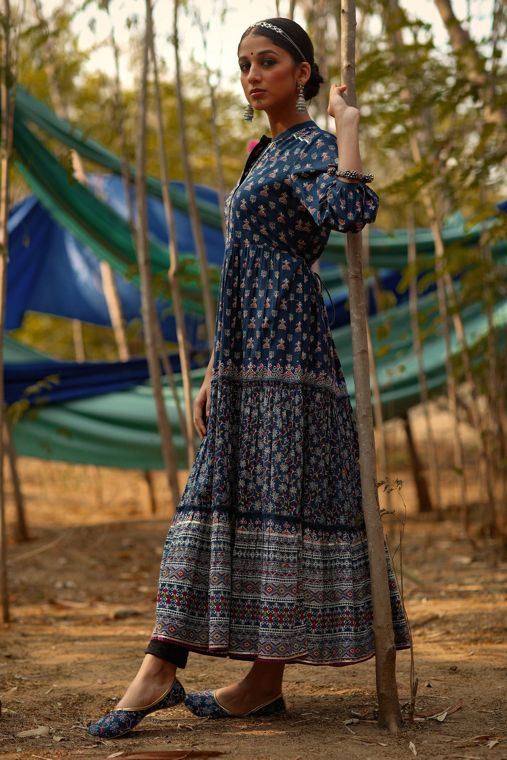 Indigo Ethnic Motif Printed Pure Cotton Tiered Maxi Dress | DesiQlo