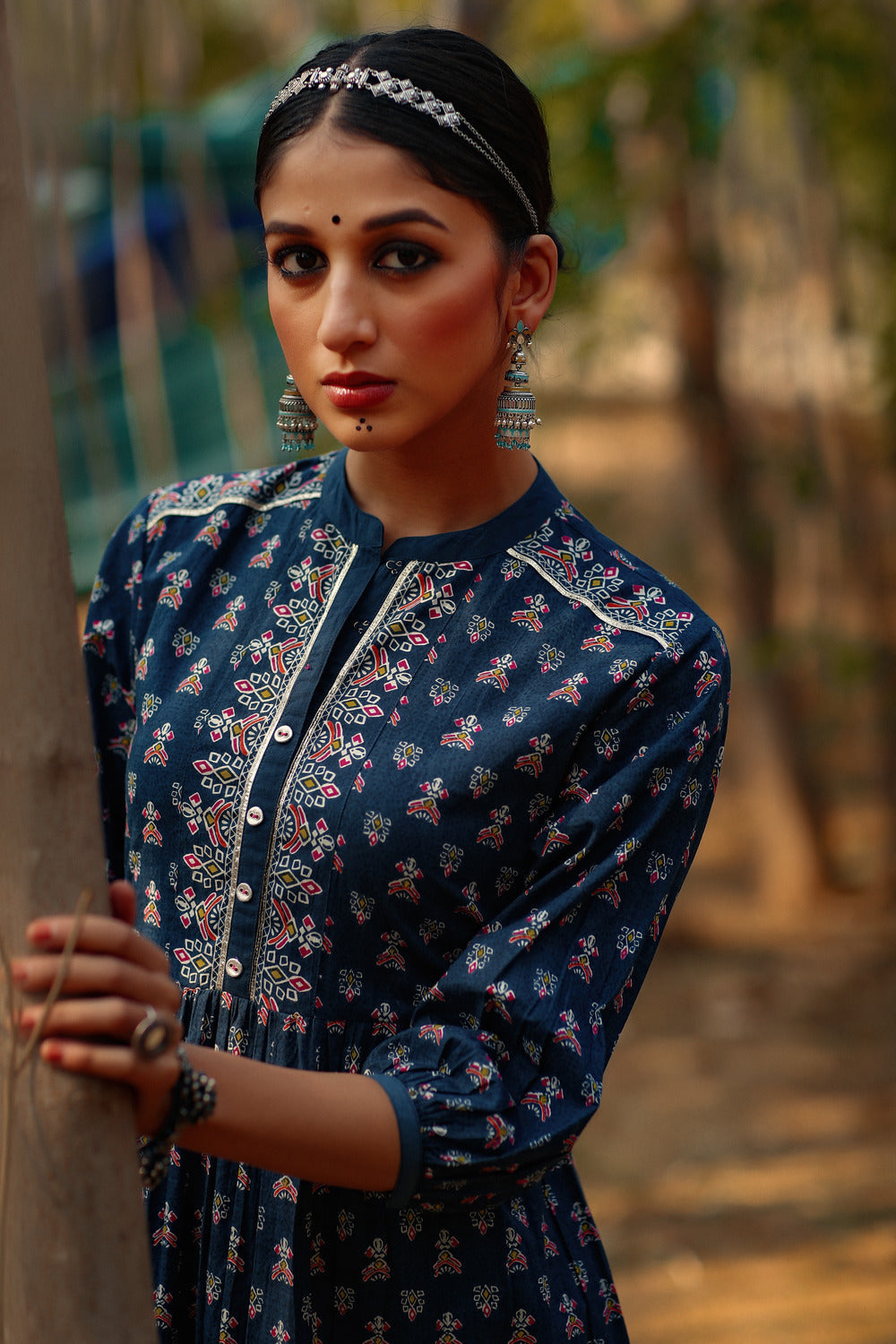 Indigo Ethnic Motif Printed Pure Cotton Tiered Maxi Dress | DesiQlo