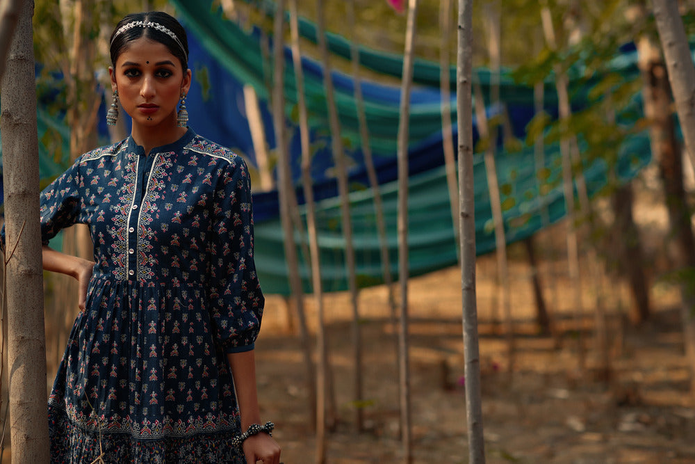 Indigo Ethnic Motif Printed Pure Cotton Tiered Maxi Dress | DesiQlo