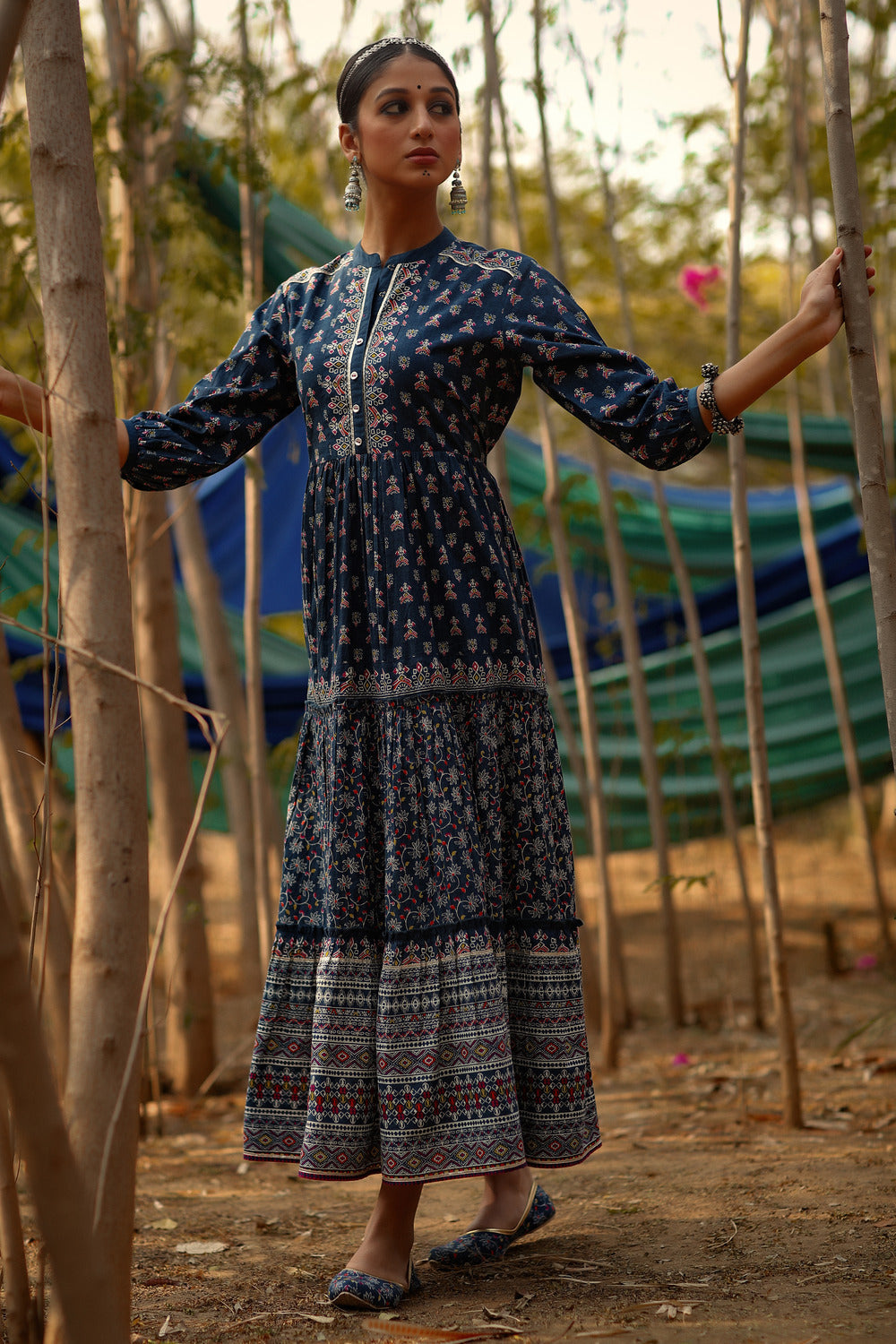 Indigo Ethnic Motif Printed Pure Cotton Tiered Maxi Dress | DesiQlo
