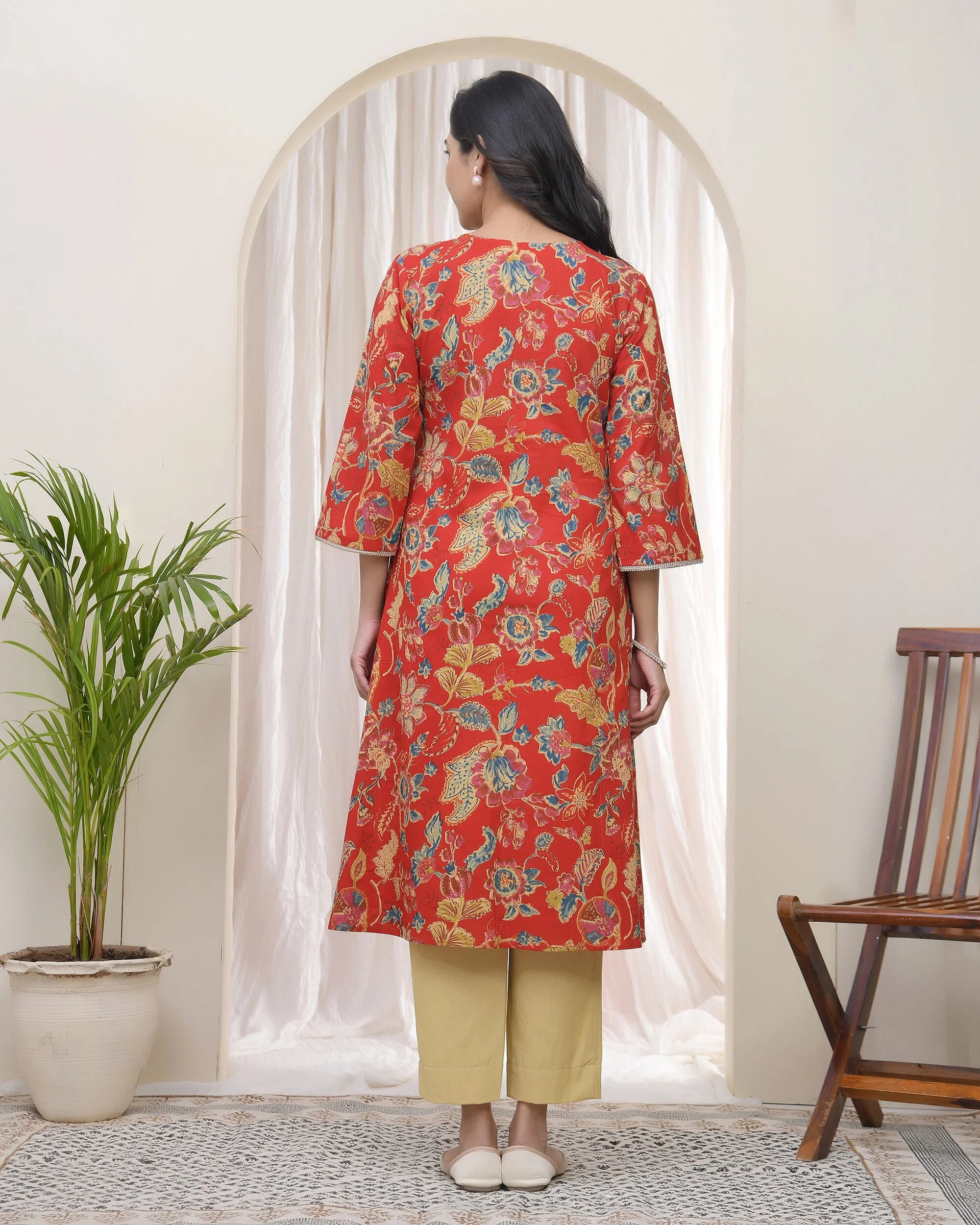 Women Red Cotton angrakha kurta with pant