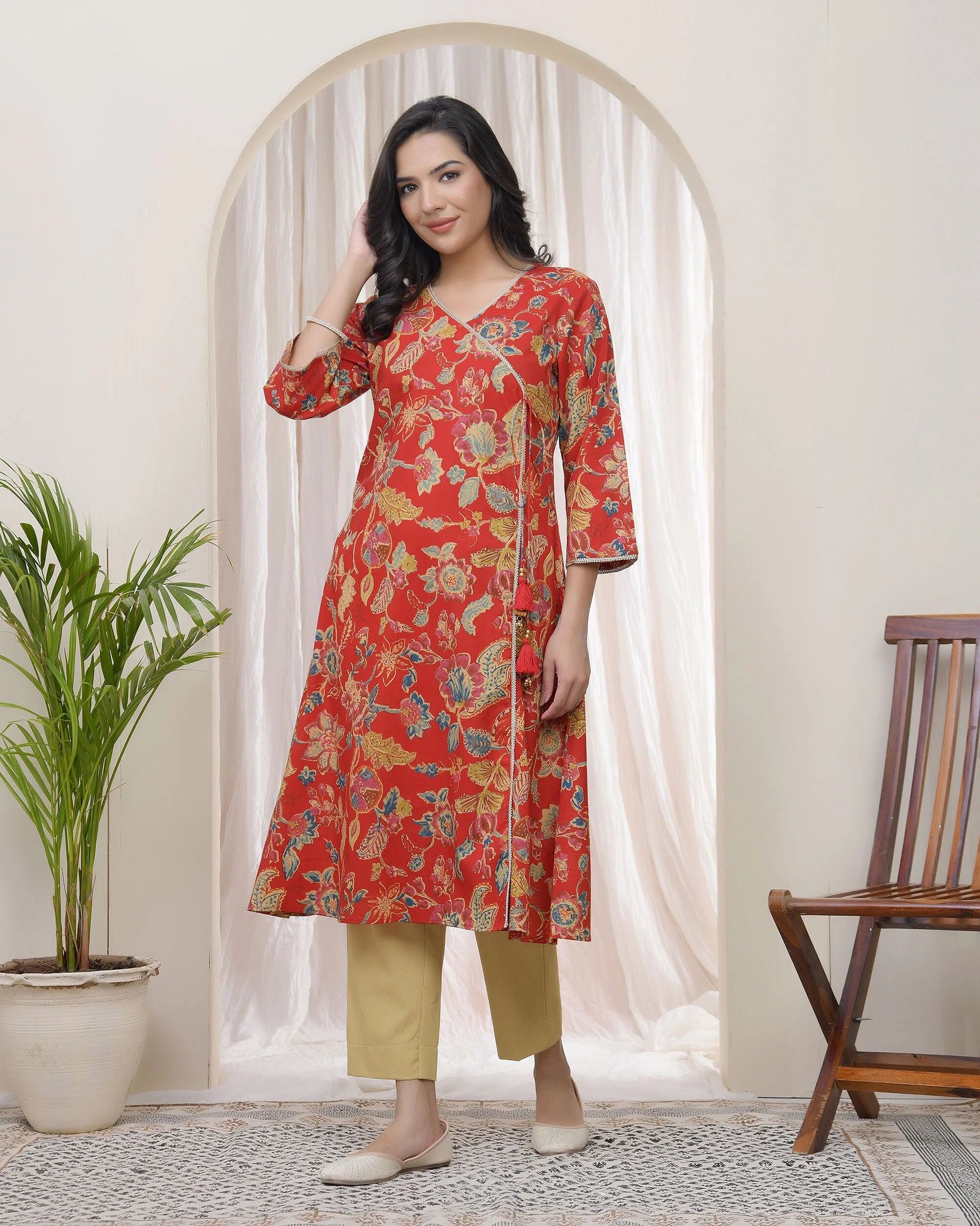 Women Red Cotton angrakha kurta with pant