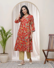 Women Red Cotton angrakha kurta with pant-248VAASRED