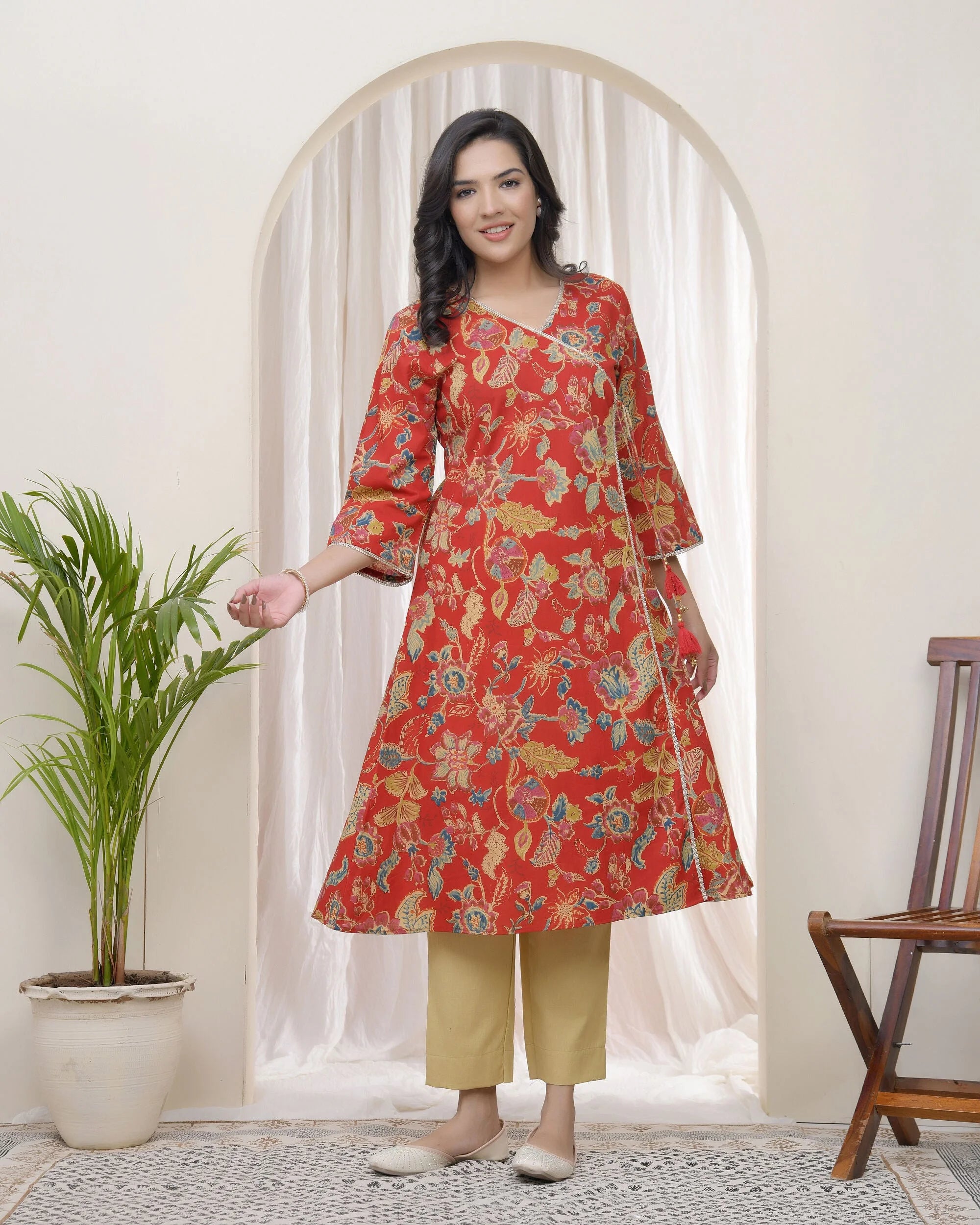 Women Red Cotton angrakha kurta with pant