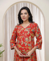 Women Red Cotton angrakha kurta with pant-248VAASRED