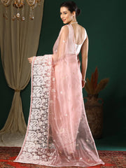 Women's Organza Peach Embroidered Designer Saree With Blouse Piece-24KAVI2401