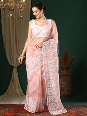 Women's Organza Peach Embroidered Designer Saree With Blouse Piece-24KAVI2401