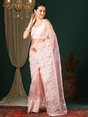 Women's Organza Peach Embroidered Designer Saree With Blouse Piece-24KAVI2401