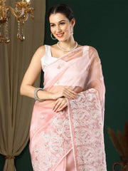 Women's Organza Peach Embroidered Designer Saree With Blouse Piece-24KAVI2401