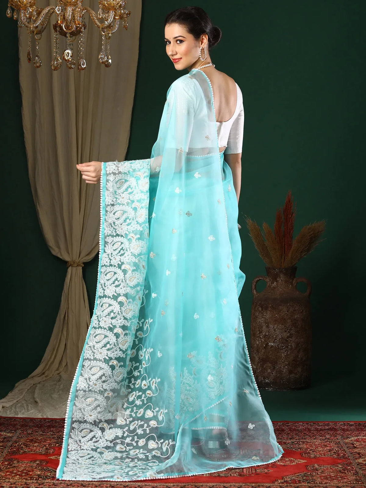 Women's Organza Light Blue Embroidered Designer Saree With Blouse Piece-24KAVI2402