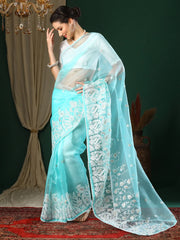 Women's Organza Light Blue Embroidered Designer Saree With Blouse Piece-24KAVI2402