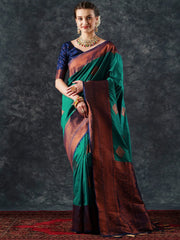 Women's  Blend Teal Blue Woven Design Designer Saree With Blouse Piece-24PAKHI2404