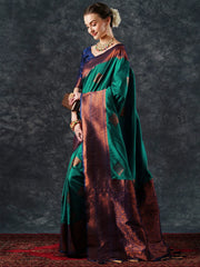 Women's  Blend Teal Blue Woven Design Designer Saree With Blouse Piece-24PAKHI2404