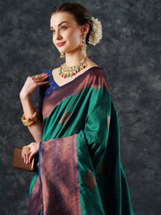 Women's  Blend Teal Blue Woven Design Designer Saree With Blouse Piece-24PAKHI2404