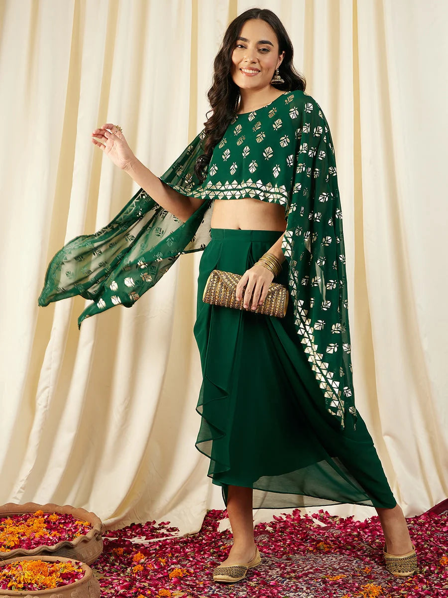 Green Cape Top & Draped Skirt: Women's Lehenga Choli - Polyester