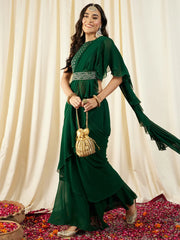 Pre-Draped Sarree with Blouse in Green Color