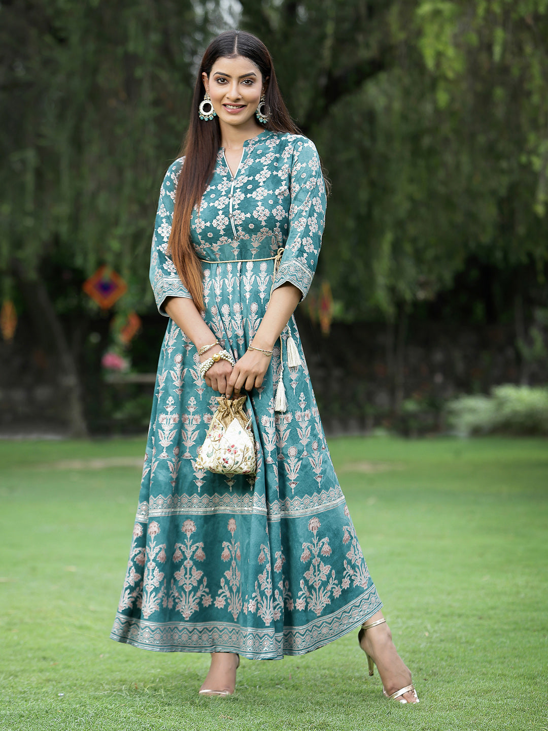 Women's Teal LIVA Rayon Printed Flared Dress with Waist Tie-up | DesiQ