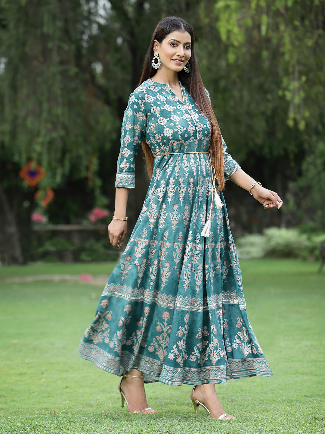 Women's Teal LIVA Rayon Printed Flared Dress with Waist Tie-up | DesiQ