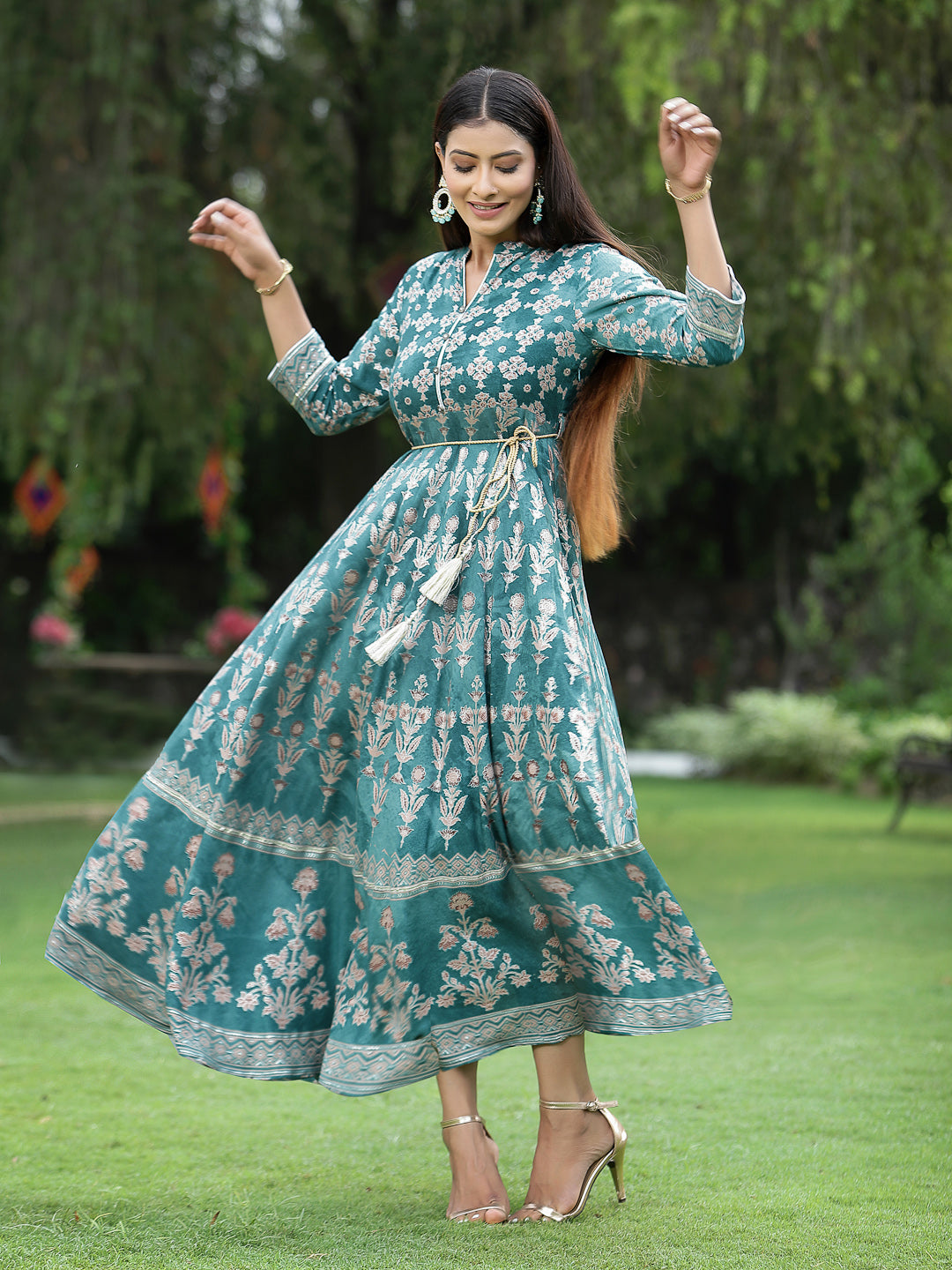 Women's Teal LIVA Rayon Printed Flared Dress with Waist Tie-up | DesiQ