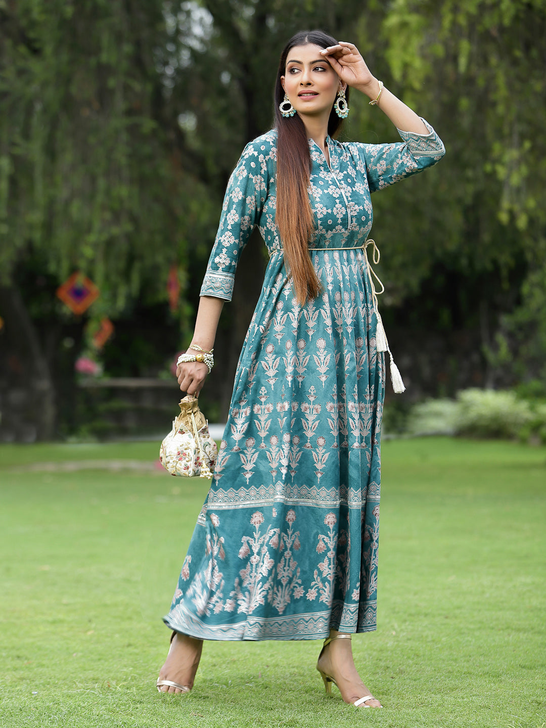 Women's Teal LIVA Rayon Printed Flared Dress with Waist Tie-up | DesiQ