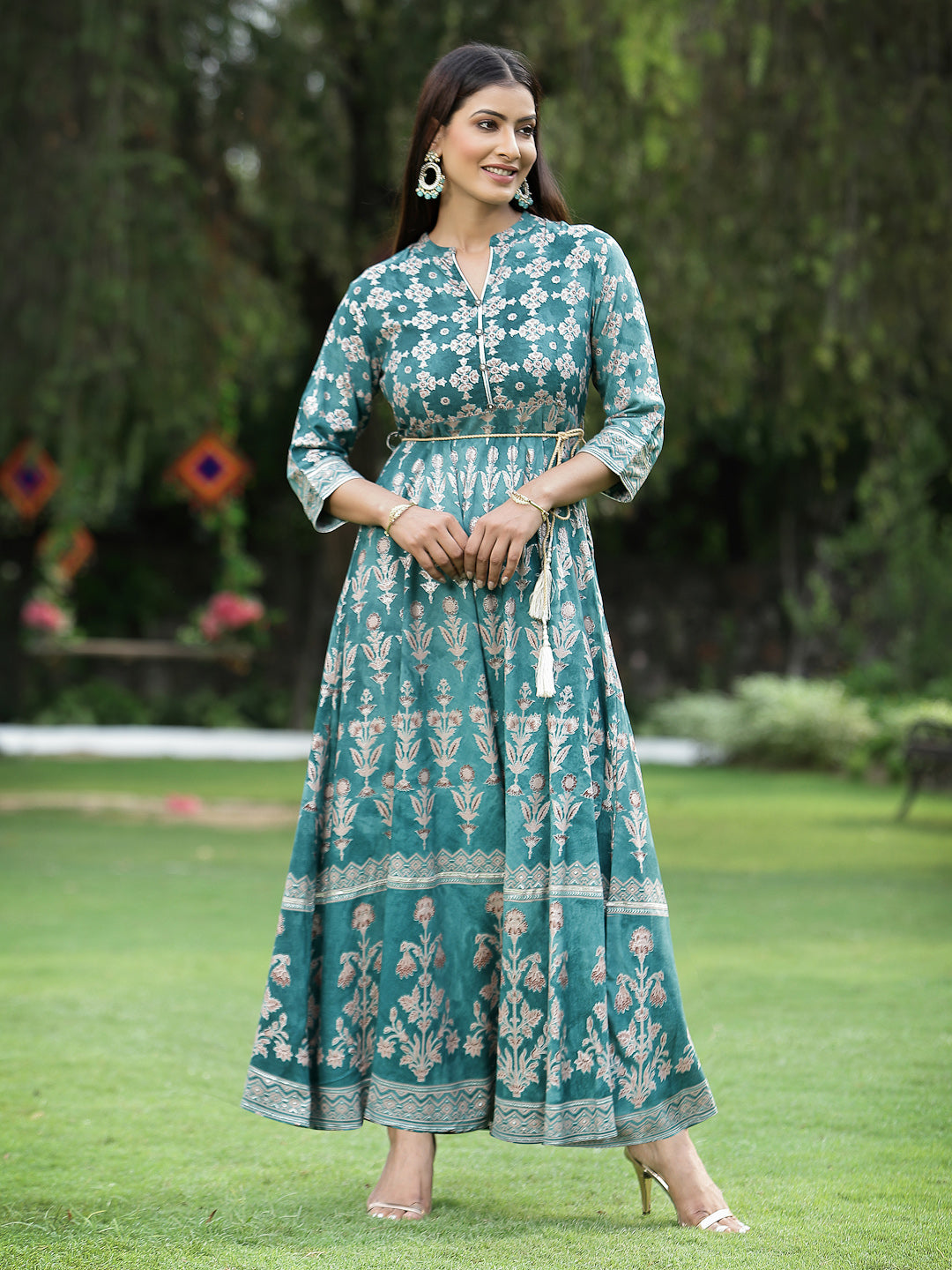 Women's Teal LIVA Rayon Printed Flared Dress with Waist Tie-up | DesiQ