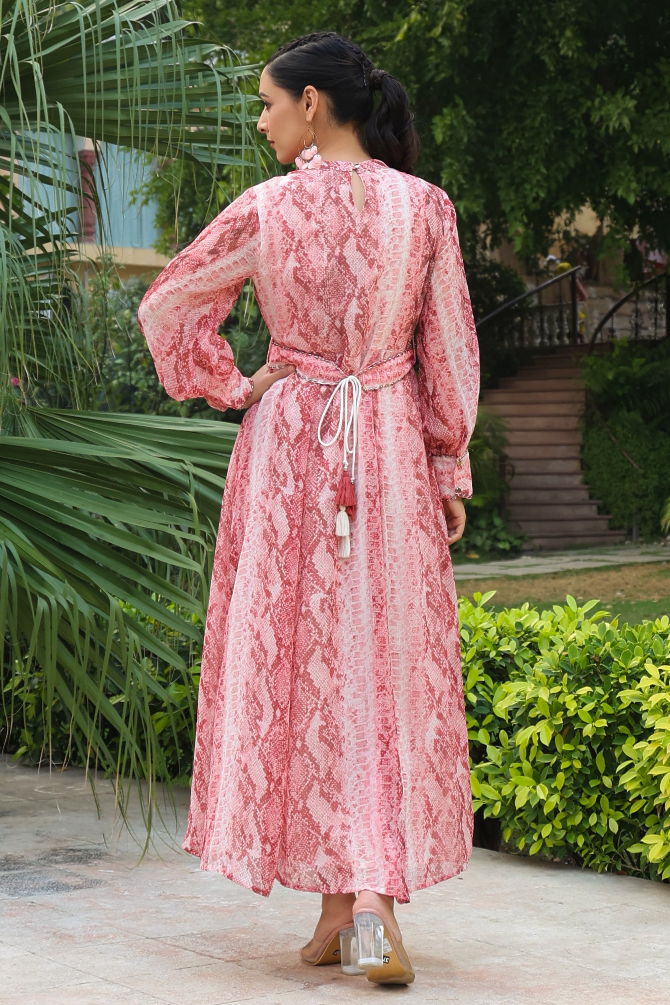 Peach Abstract Printed Chiffon Flared Maxi Dress With Buttons | DesiQl