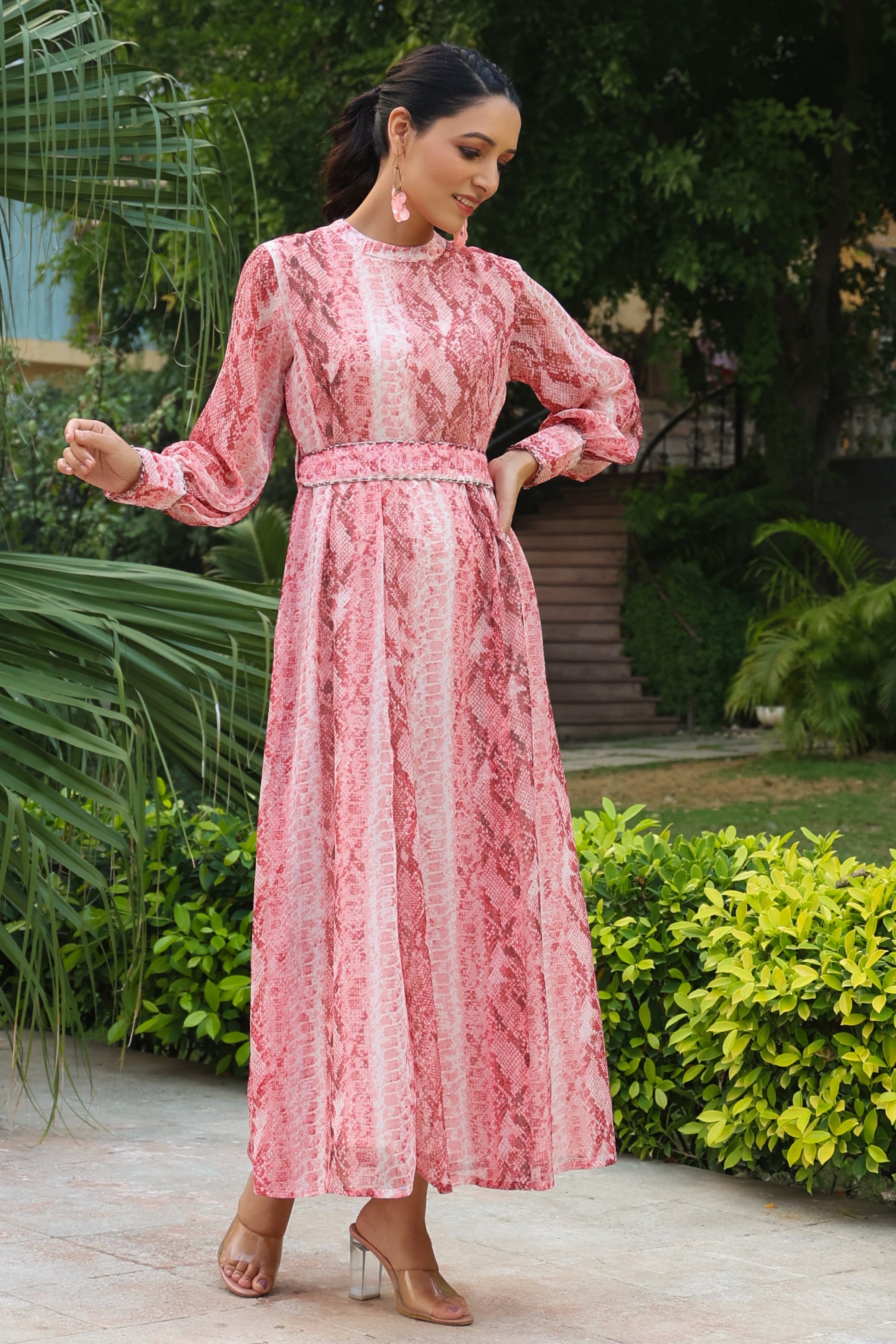 Peach Abstract Printed Chiffon Flared Maxi Dress With Buttons | DesiQl