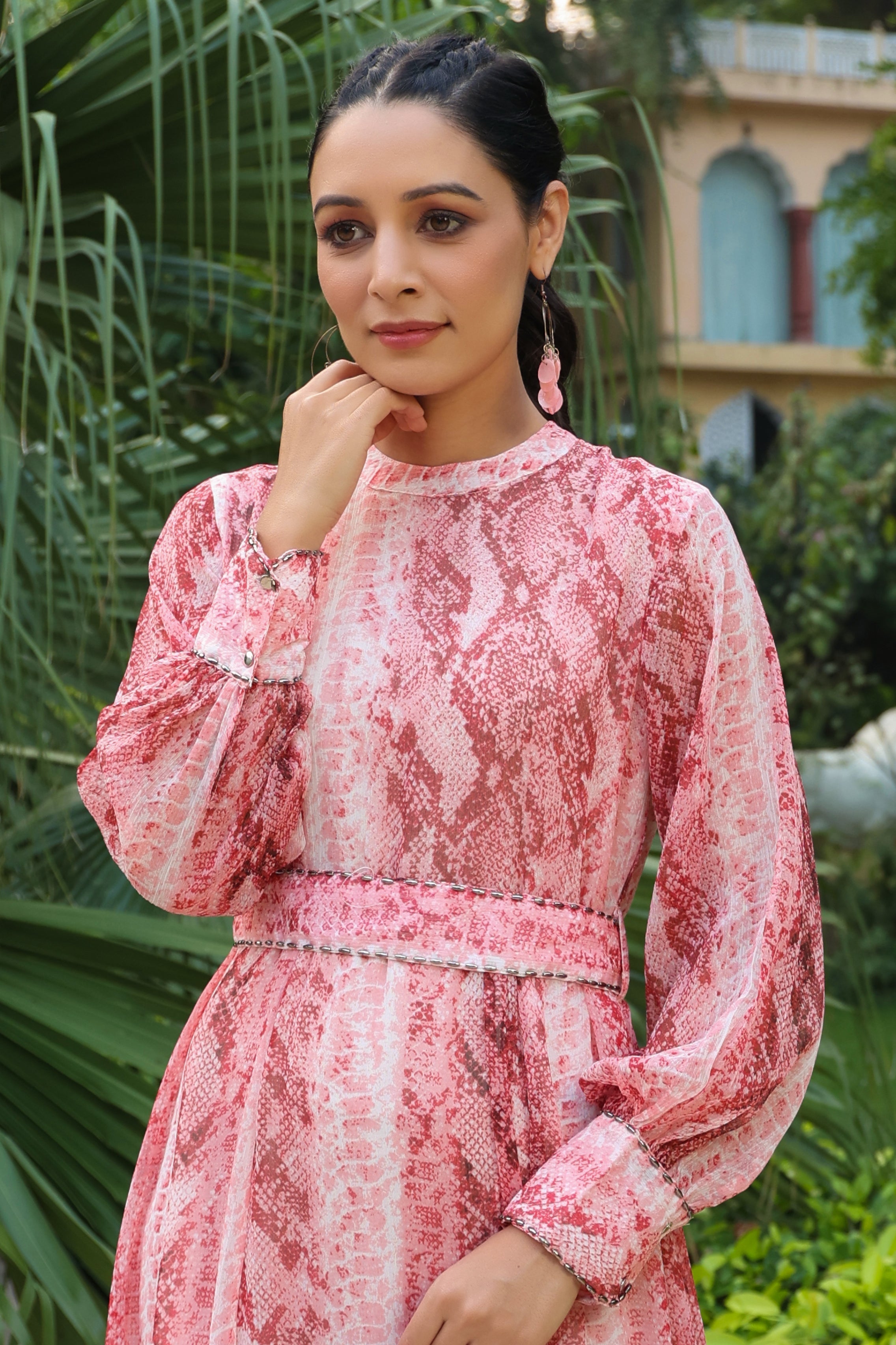 Peach Abstract Printed Chiffon Flared Maxi Dress With Buttons | DesiQl
