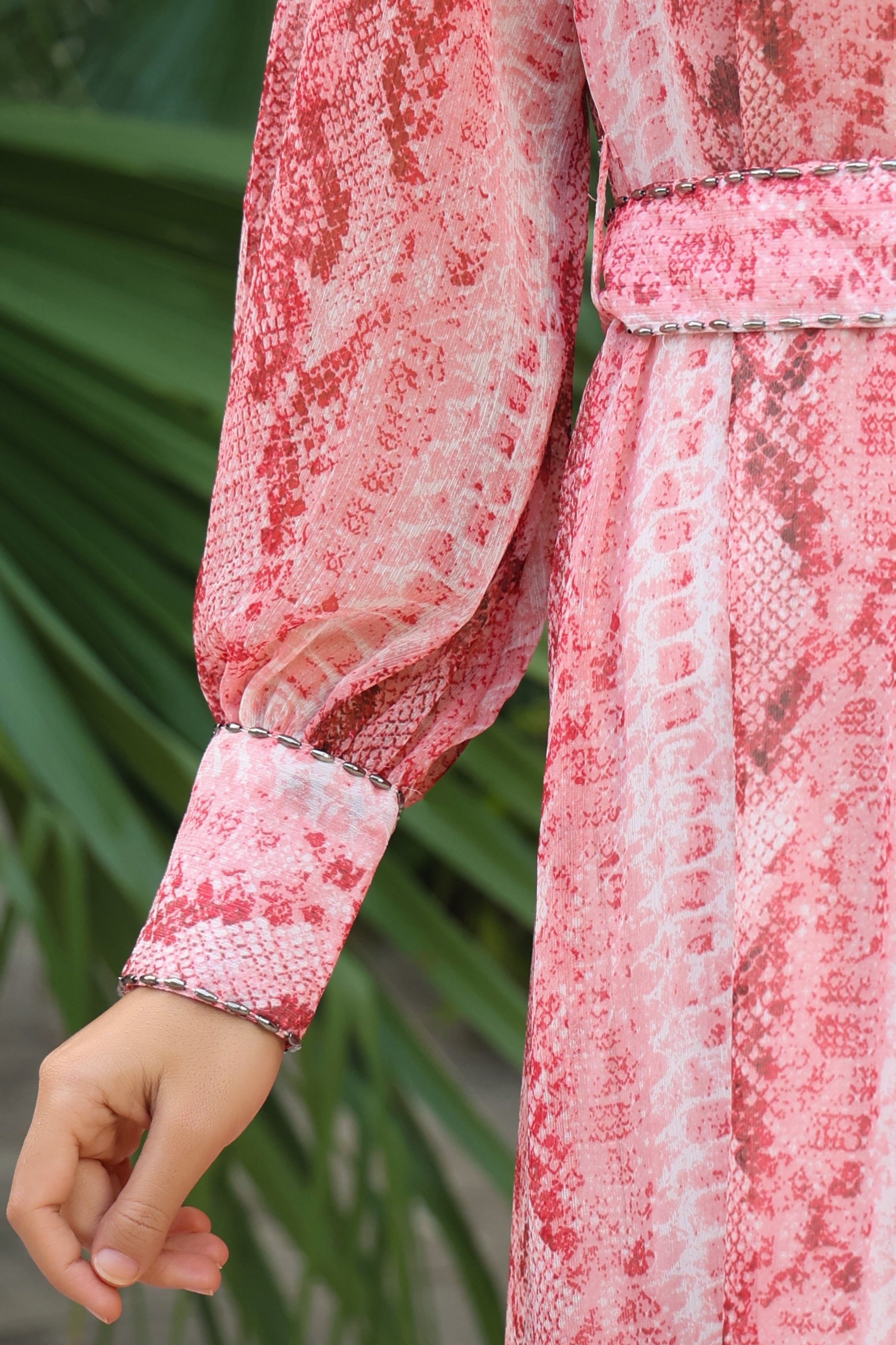 Peach Abstract Printed Chiffon Flared Maxi Dress With Buttons | DesiQl