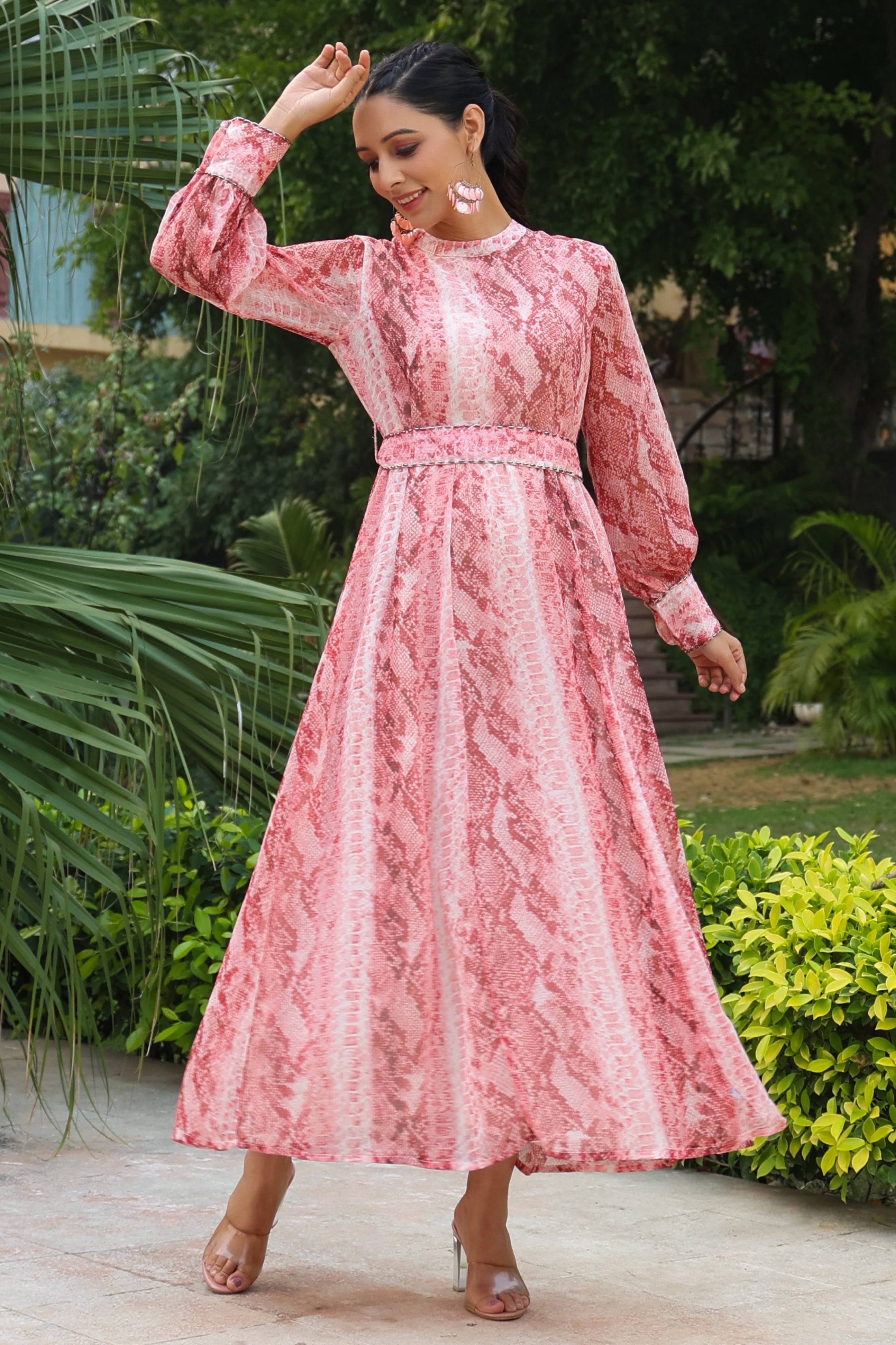 Peach Abstract Printed Chiffon Flared Maxi Dress With Buttons | DesiQl