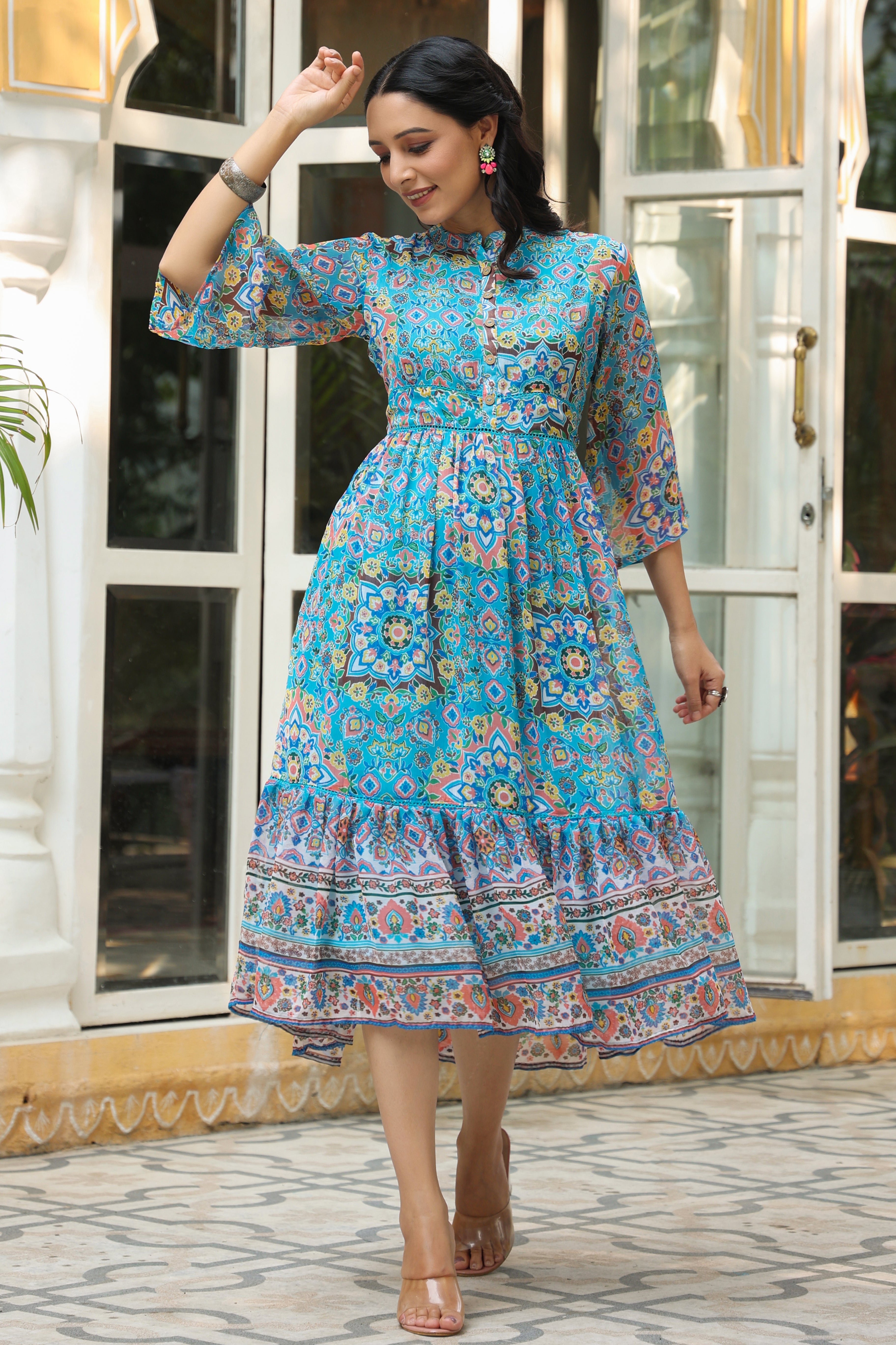 Aqua Geometric Chiffon Maxi Dress | Indian Dresses